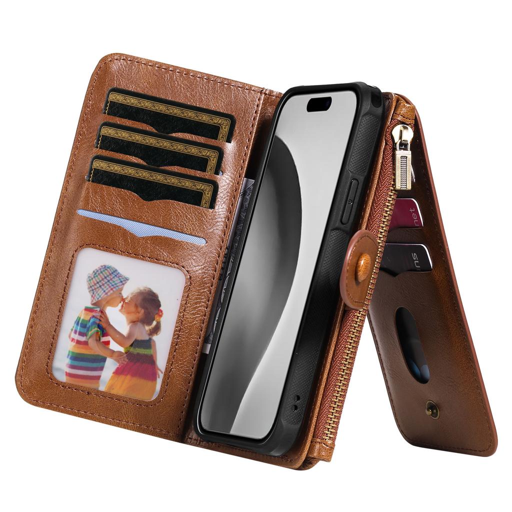 For iPhone 16 Pro Magnetic Case Detachable PU Leather Zipper Wallet Cover