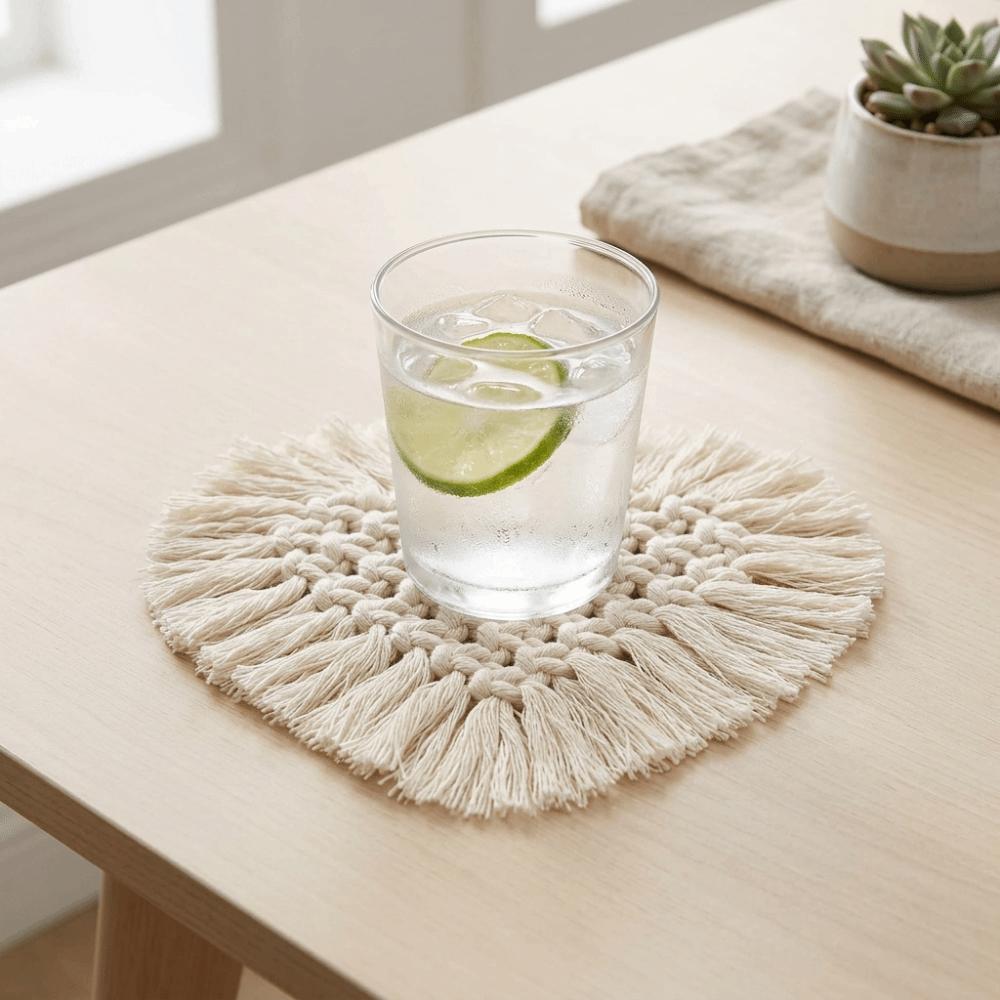 4Pcs Light Weight Cotton Cup Coaster Heart Shape Rope Woven Coaster Macrame Drink Mat Coffee Table