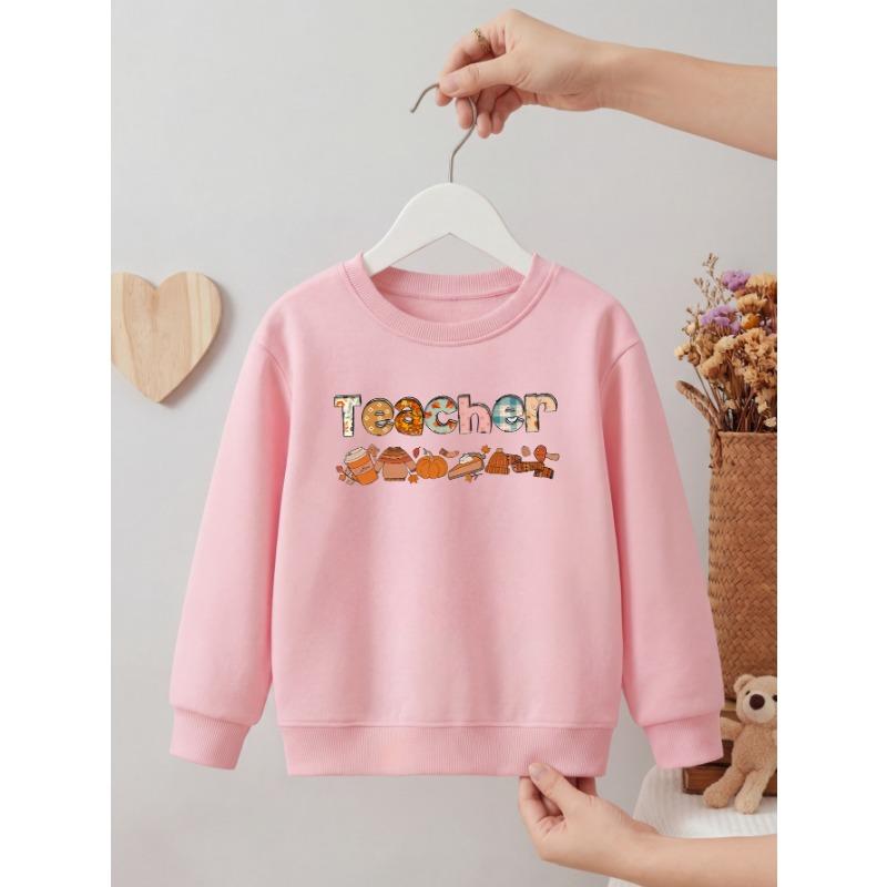 Kids Girls Crewneck Sweatshirt, Fall Patchwork Letter "Teacher" With Pumpkin Coffee Pie Autumn Cartoon Print Light Pink Soft Fleece Pullover