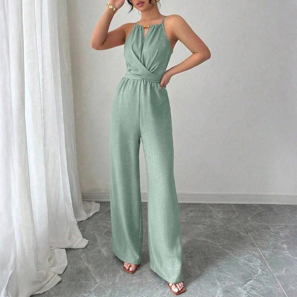 Ladies' Casual Hanging Neck Cross Exposed Waist Cinched Versatile Sleeveless Jumpsuit