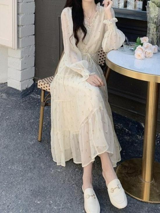 2026 Spring/Autumn Women's French Long Sleeve Tiered Cake Dress - Slimming and Tummy-Concealing A-line Skirt