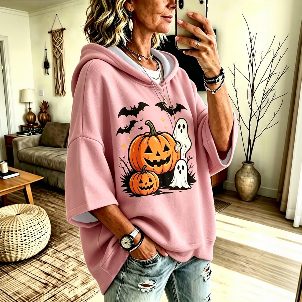 Women's Halloween Digital Print Hoodie Loose Fit Three-Quarter Sleeve Drop Shoulder Sweatshirt