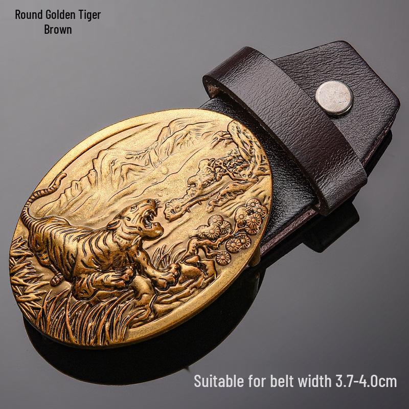 Tiger Head Alloy Western Cowboy Leather Belt with Smooth Buckle