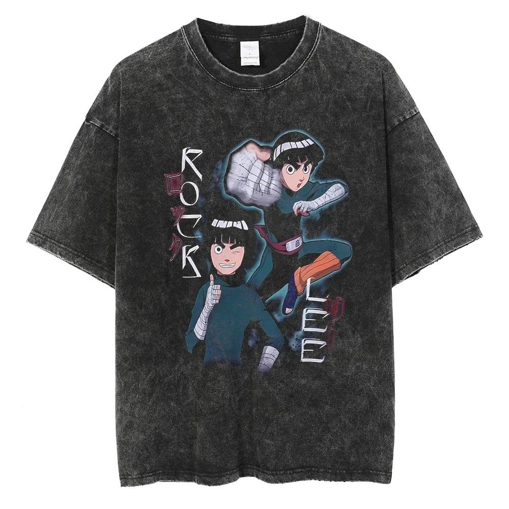 Anime Naruto Print T-Shirt Washed Oversized Tee Summer Short Sleeve Cotton Men Women Streetwear Vintage Black Washed T Shirt Harajuku Tops