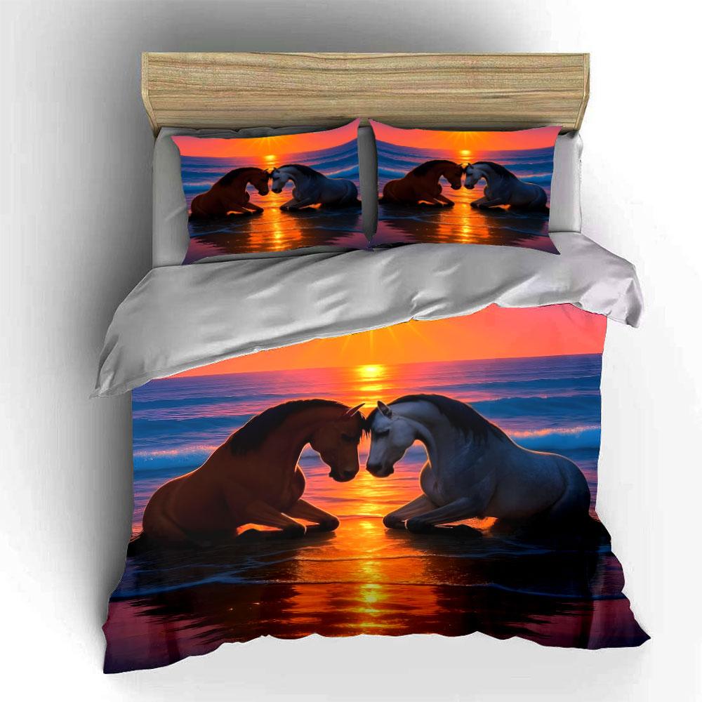 Romantic Sunset Horse Decor Set Bedding Set with 1 Duvet Cover 2 Pillowcases Single Double King Queen, Gift