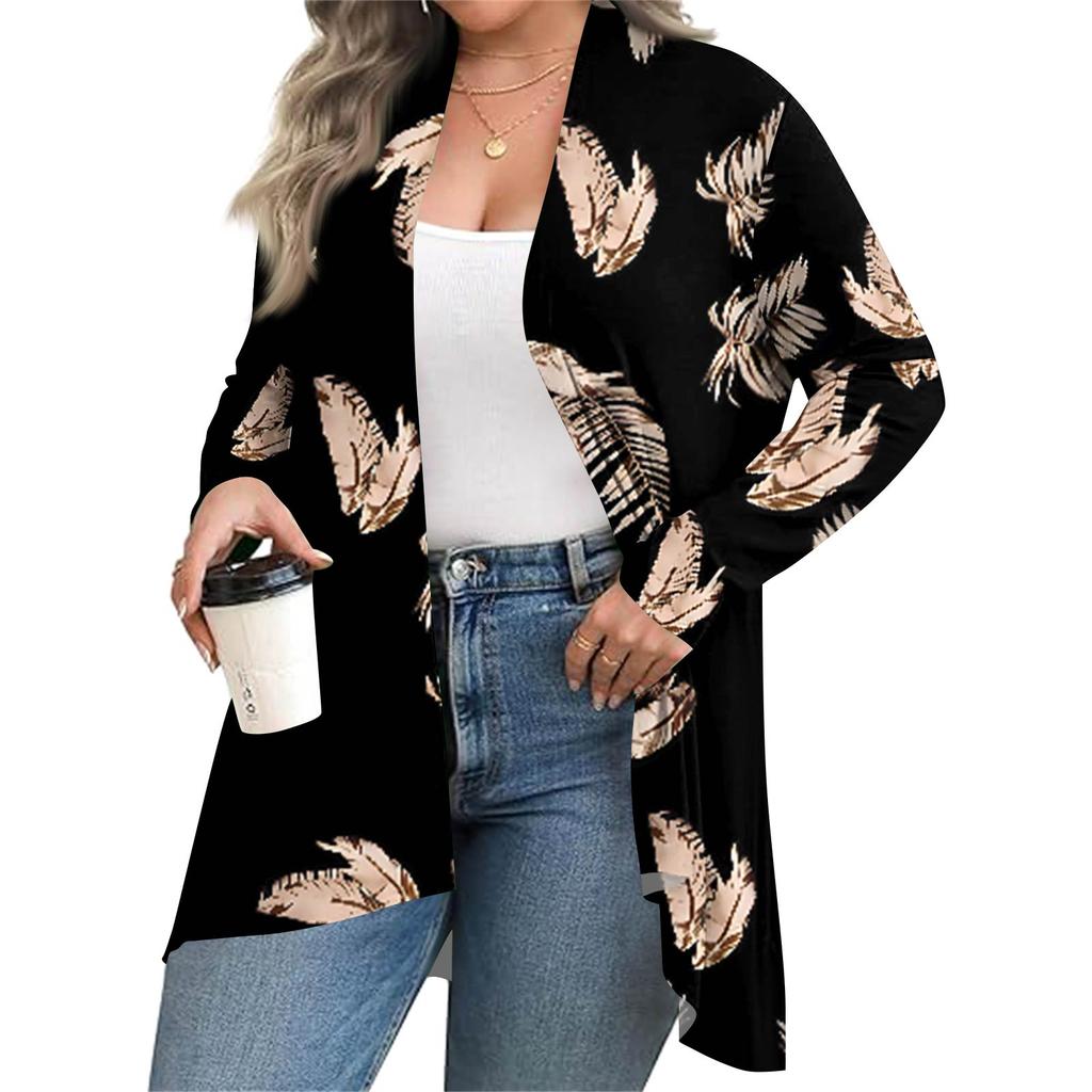 Damen Herbst- und Wintermode Lässiger Print Langarm Mittellange Strickjacke Jacke