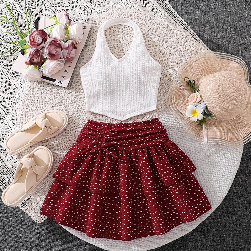 

Girls Fashionable Outfit - Summer Children s Elegant Necked Tunic Top and Skirt Set 170cm=12Y червоний