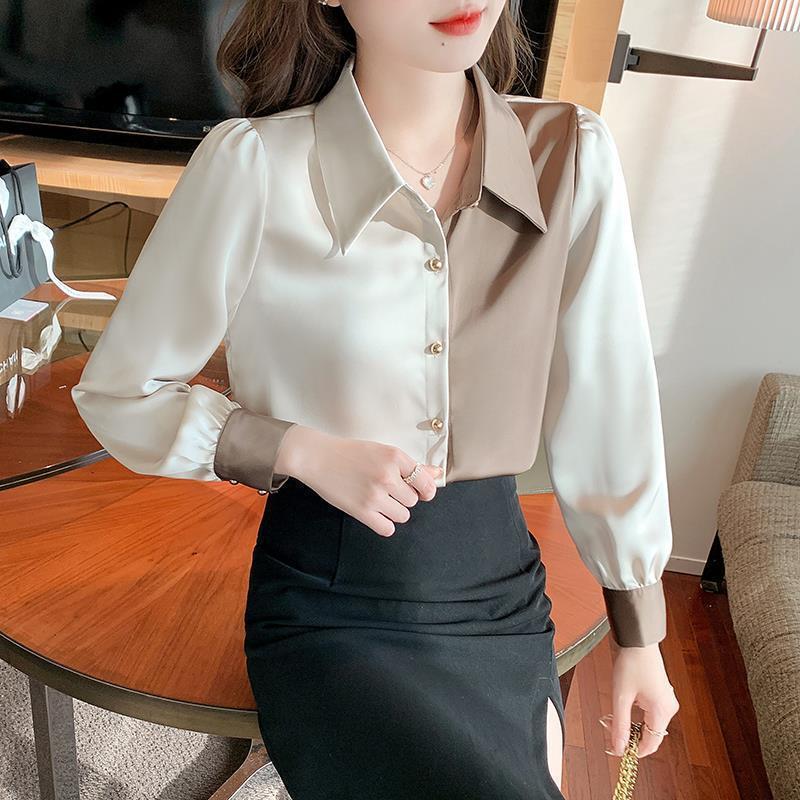New Spring Fashion Satin Shirt Women's Long-sleeved Color-blocking Temperament Fashionable Shirt Top Design Sense