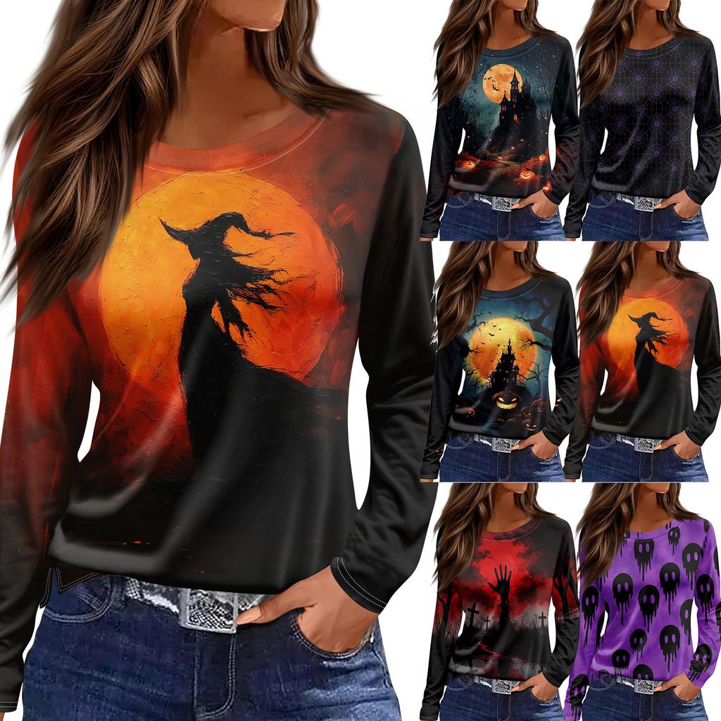 Women's Halloween Print Long Sleeve Round Neck Top with Hem Slit