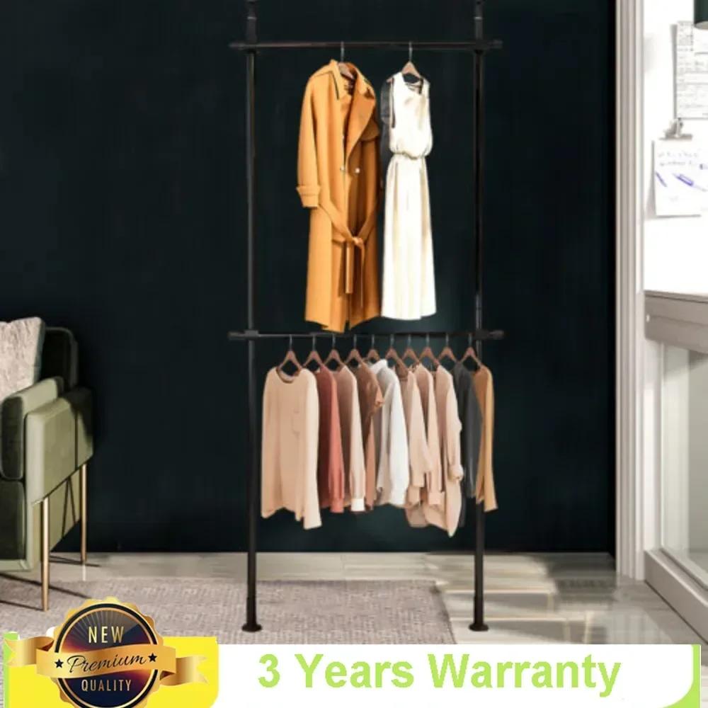 Bymaocar 2 Tiers Household Thicken Stainless Steel Poles Telescopic Drying Hanger Rack Storage Holder Adjustable Height & Length