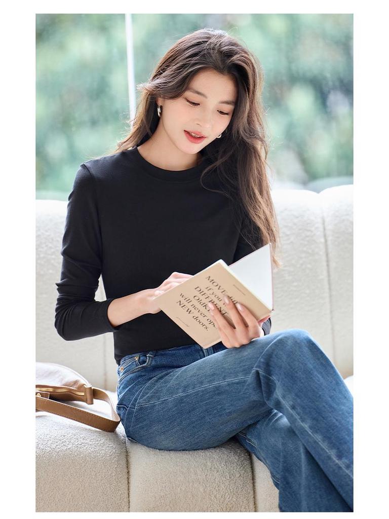 Women's Heavyweight Lyocell Long Sleeve Round Neck T-shirt with Plus Velvet Inner Layer - Slim Fit, Thickened for Autumn/Winter