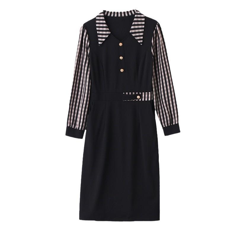 Vestido de Cuadros Primavera 2025: Elegante cuello vuelto para mujer, talla grande, diseño patchwork que estiliza la cintura (LX256)