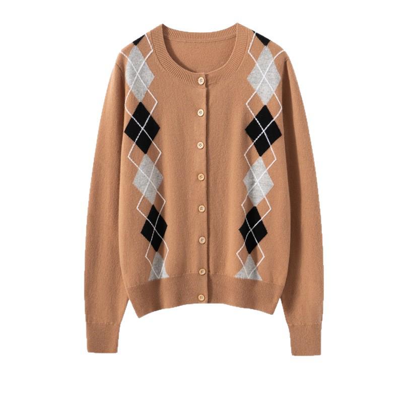 Autumn 2025 Women's Fashion Diamond Check Cashmere Cardigan