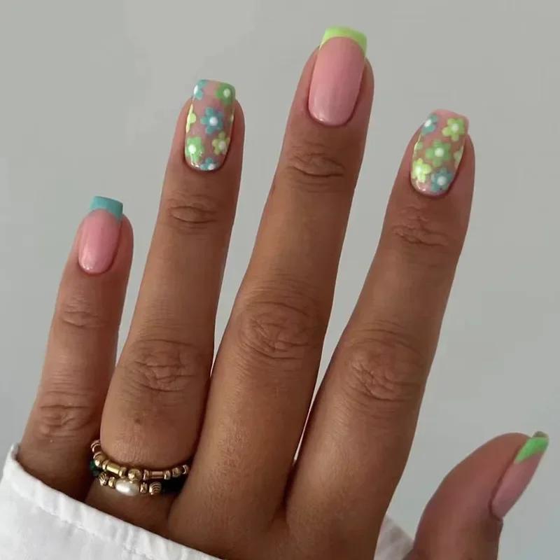 24Pcs Simple Square False Nails Short French Fake Nails Press On Colorful Flowers Design Full Cover Nail Tips Manicure Tools