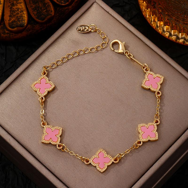 Luxury Vintage Rhinestone Four Leaf Clover Bracelet for Women Girls Fashion Five Leaf Flower Wrist Chain Jewelry Bijoux Gifts