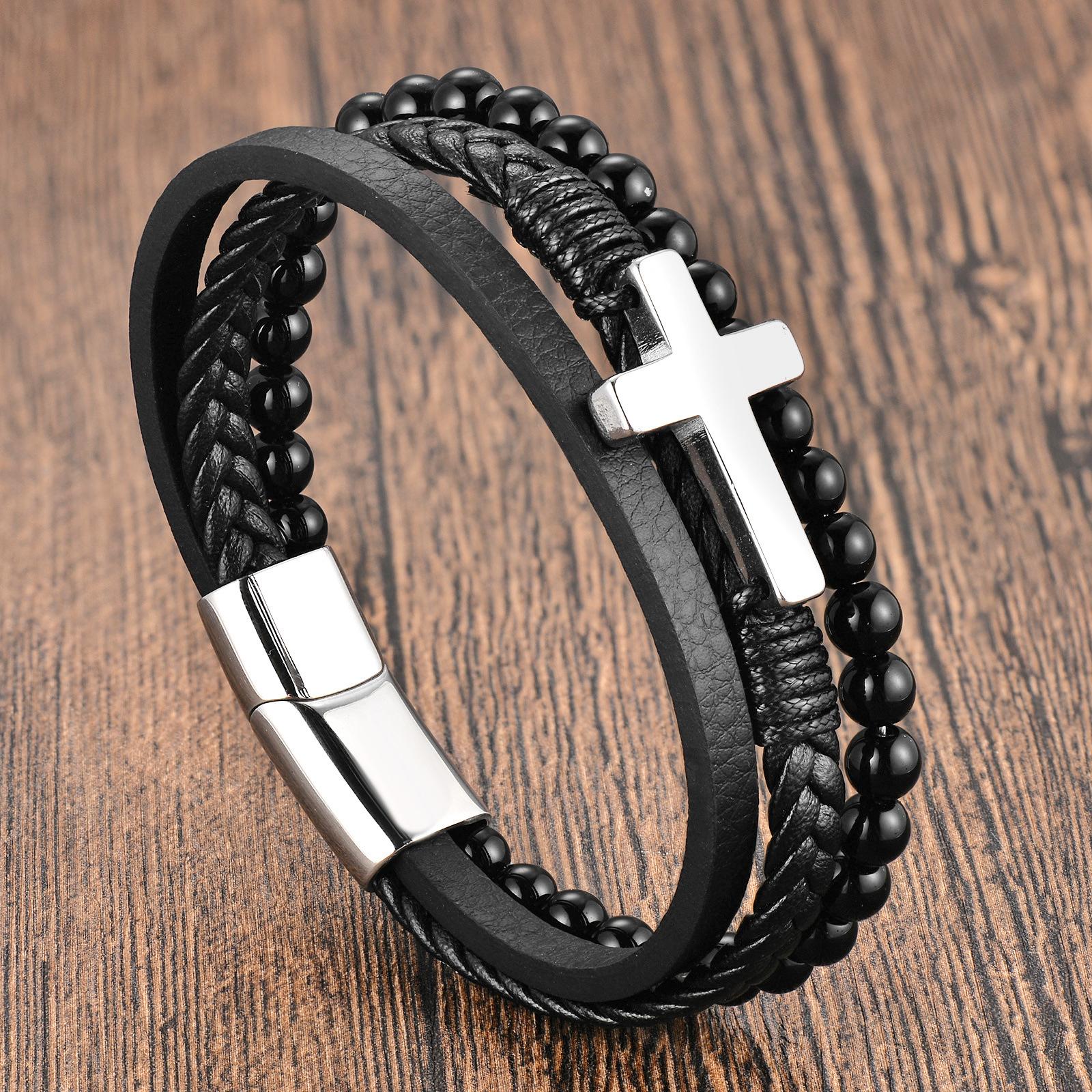 Black Leather Rope Cowhide Men s Natural Stone Leather Woven Bracelet Cross Multi-layer Leather Bracelet 2026 21CM
