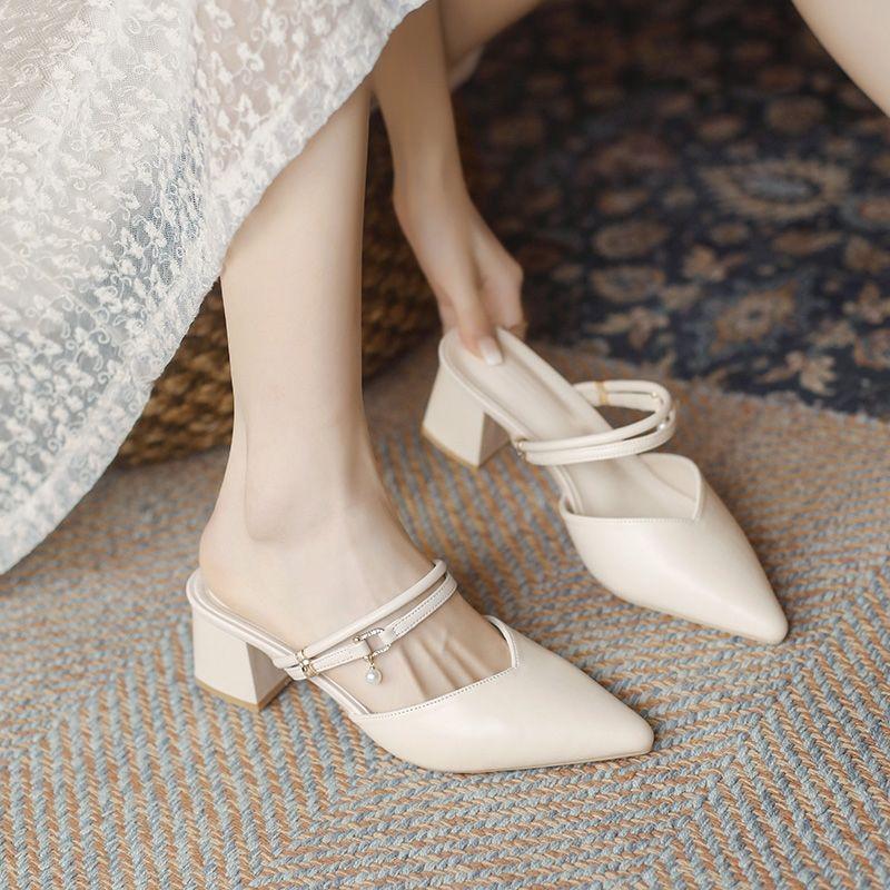 Soft Leather Half Slippers for Women, Pointed Toe Sandals for Women's Outdoor Wear, Thick Heels for Women's Middle Wear, and Two Pairs of Slippers