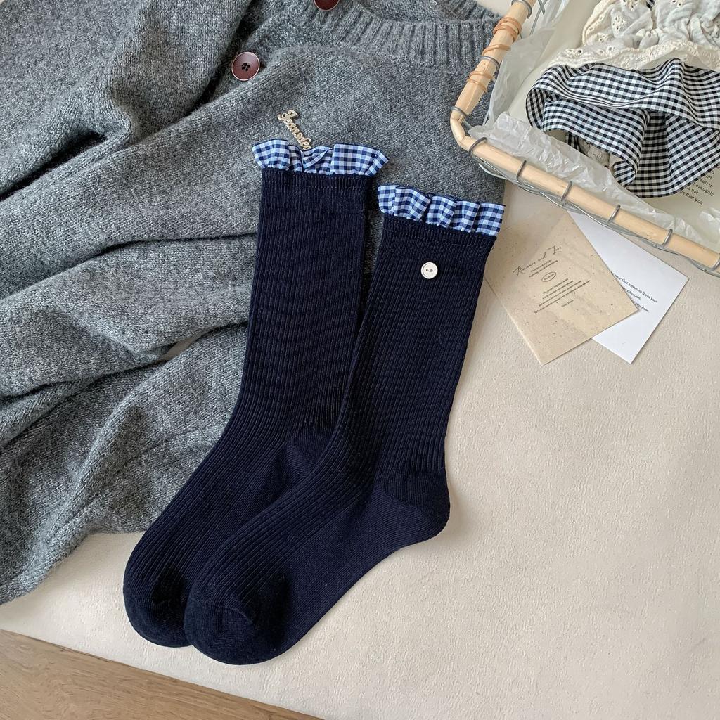 Women's New Autumn Plaid Letter Cloth Label Lace In The Cylinder Pile Socks