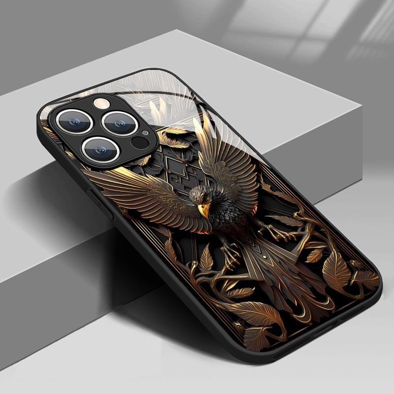 Phone Case For iPhone 17 Pro Max 11 12 13 14 15 16 Pro 17Air 16E 7 8 16 Plus XR XS X Luxury Eagle Pattern Tempered Glass Cover