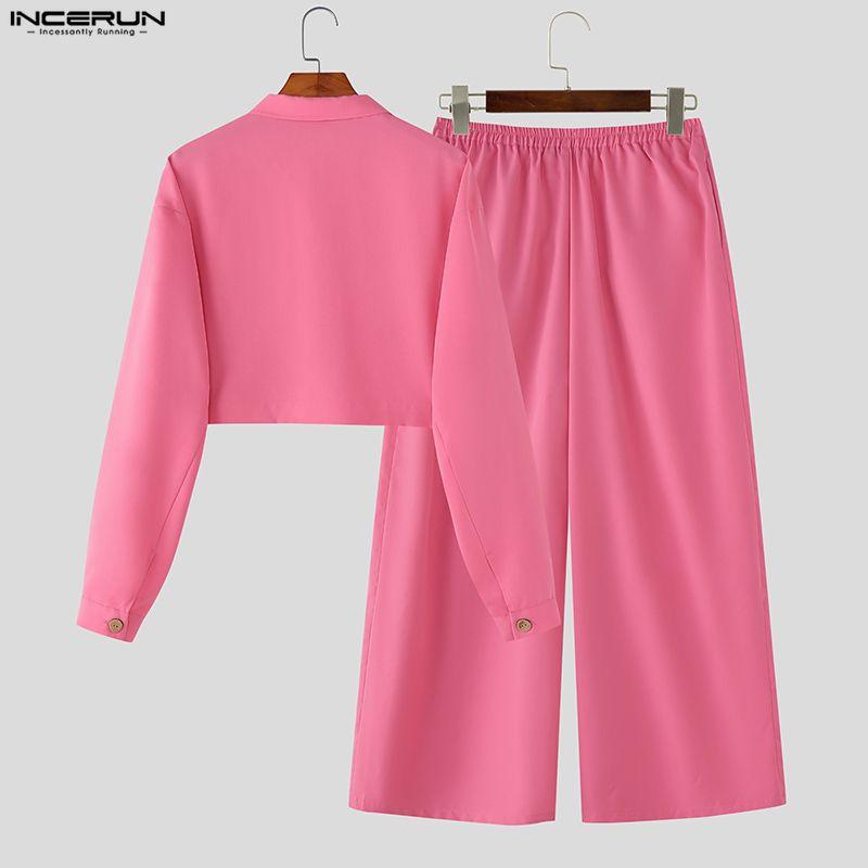 INCERUN Two Pieces Sets Men Lapel Neck Long Sleeve Cropped Shirt Bow Long Trousers Pants Outfits
