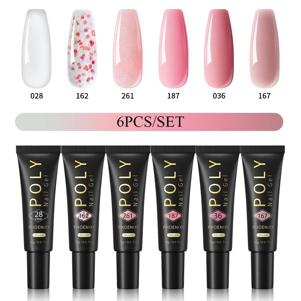 

PHOENIXY 15 мл поли гель для ногтей маникюрный набор для наращивания пальцев акриловый гель нужна УФ светодиодная лампа для ногтей DIY салон нейл-арта для дома 6pcs set 01