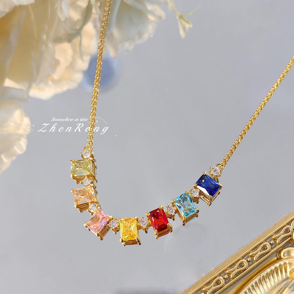 French Light Luxury Fashion Colorful Diamond Necklace Niche Design Simple Versatile Sugar Cube Rainbow Pendant Woman