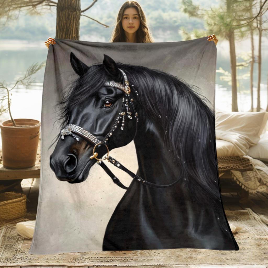 Majestic Black Horse Shiny Reins Flannel Blanket - Bed, Sofa, Office, Travel, Gift, Decoration, Chair, Comfortable Warmth