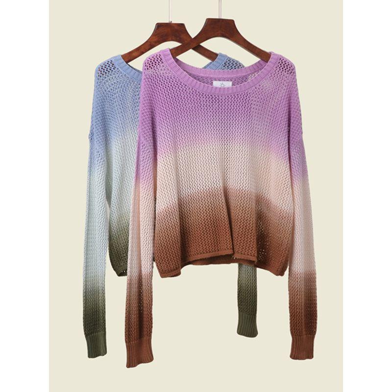 Foreign Trade Original Order Card Missing Pure Cotton Gradient Color Long Sleeves Cut Out Knitwear Loose Version Pullover Tops