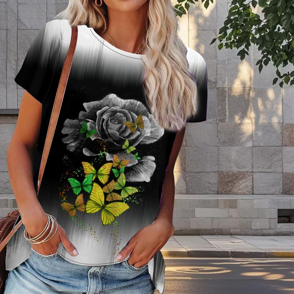 Kadın Yazlık Tişört Kelebek Baskılı Retro Moda Kısa Kollu Tişörtler Günlük Baskılı Üstler