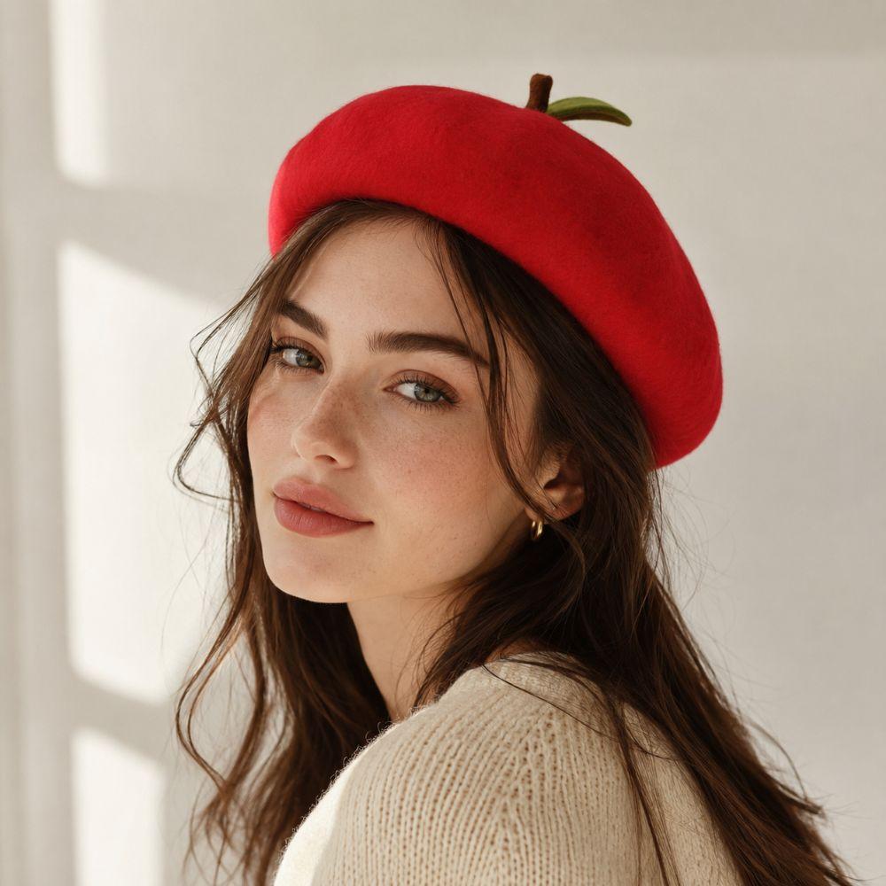 Red Apple Painter Hat Orange Shaped Knit Beret Japanese style Fruit Beret Autumn and Winter Warmth