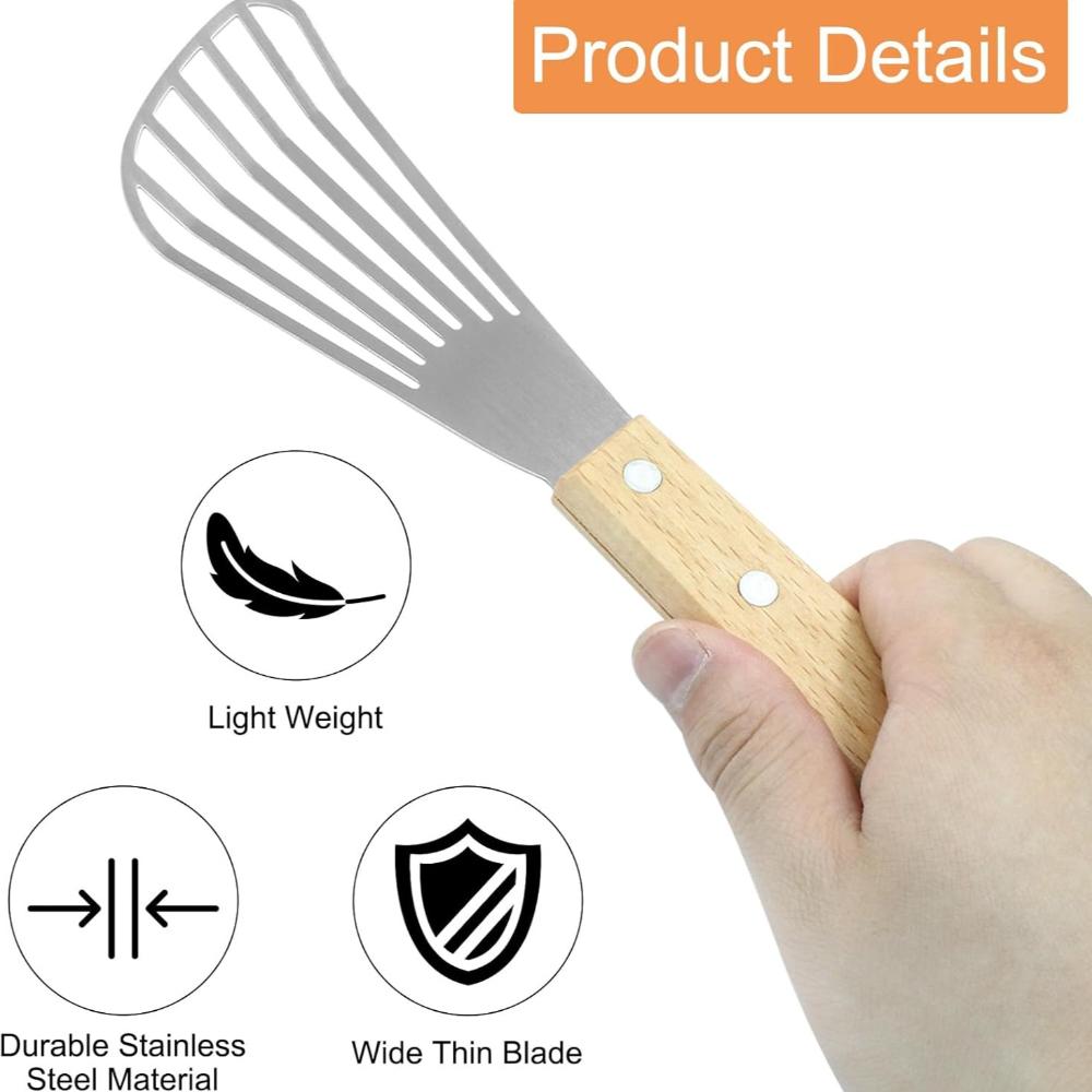 Durable Fish Turner Spatula Stainless Steel Lightweight Frying Shovel Wooden Handle Sloped Head for Flipping Foods Kitchen Tool