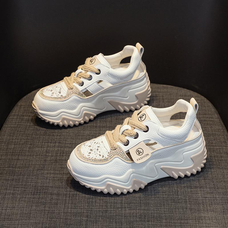 Women's Retro Thick Sole Rhinestone Leather Sandals - Summer 2025 Collection