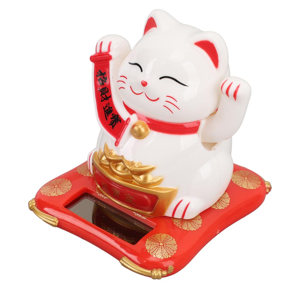 Lucky Waving Cat Solar Power Arm Waving Fortune Cat Plastic Wealth Welcoming Cat Decorative Lucky Cat Ornaments for Shop Car 812‑01 White