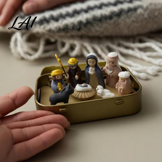 Miniature Nativity Set Mini in Tin Box 3D Printed Pocket Scene Set Small for Desk Christmas Holy Family Jesus Figurines Easter Decoration