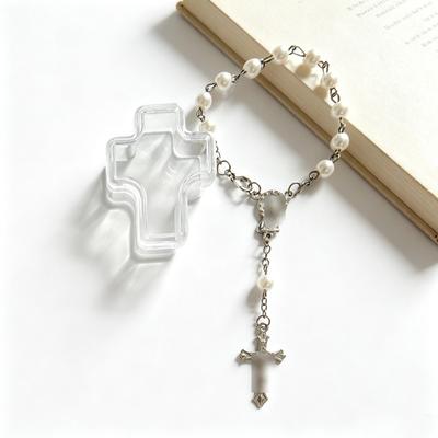 Glass Imitation Pearl Baptism Cross Beaded Prayer Bracelet with Box