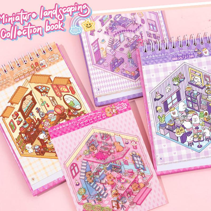 1 Set  Cabin Scene Pocket Stickers Cartoon Diy 3D Landscape Sticker Book Festival Birthday Gift For Student Kid Child