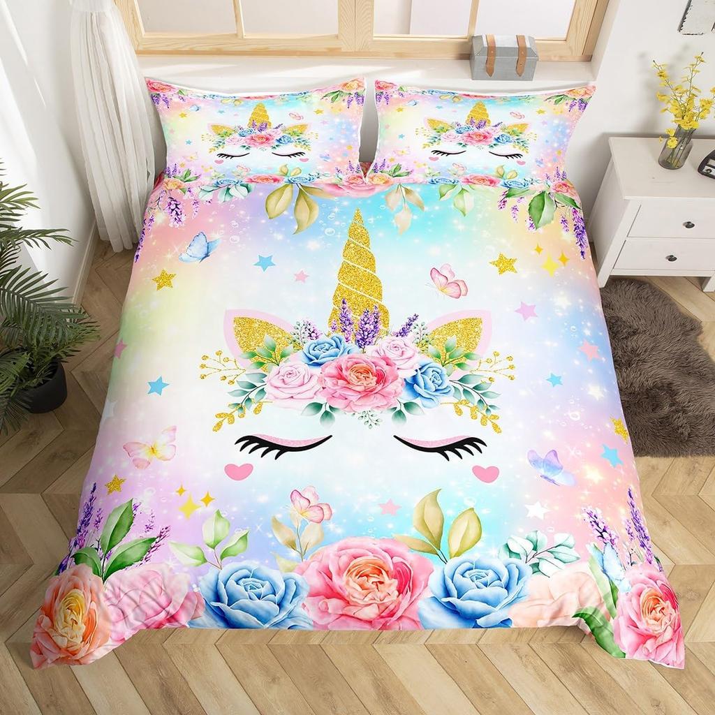 Cartoon Unicorn Duvet Cover Floral Rainbow Quilt Cover Microfiber 3D Girl's Eyelash Bedding Set Full For Kids Teen Kawaii Room