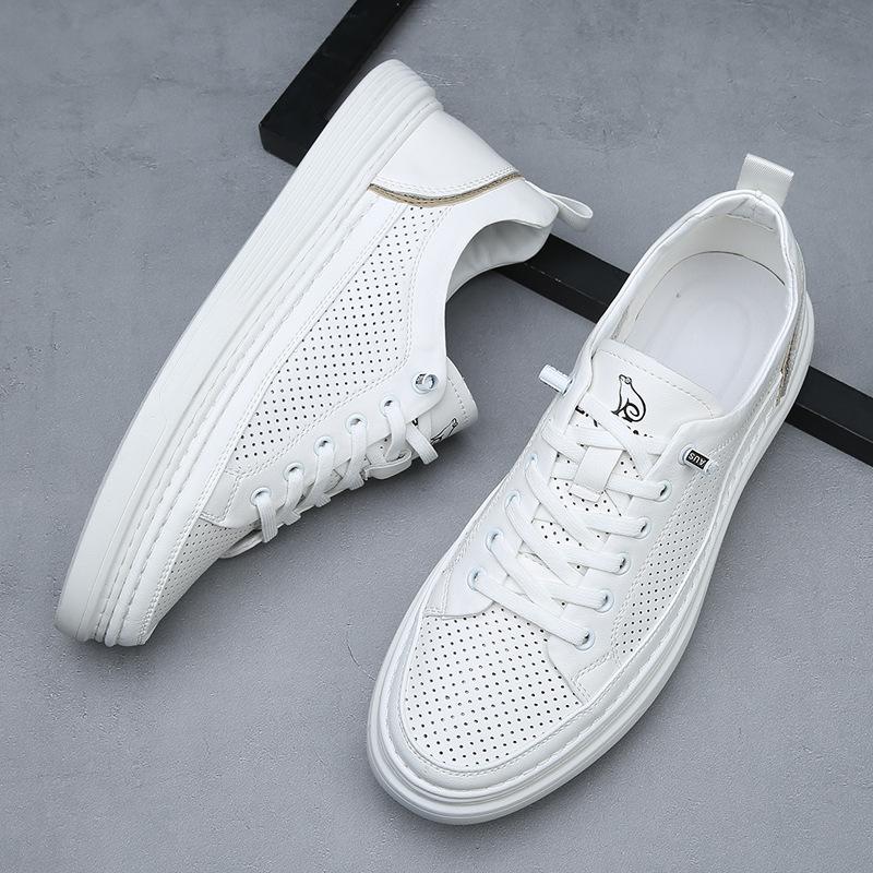 New Shoes for Men Genuine Leather Casual Shoes Street Fashion Microporous White Flat Skateboard Shoes Breathable Sneaker