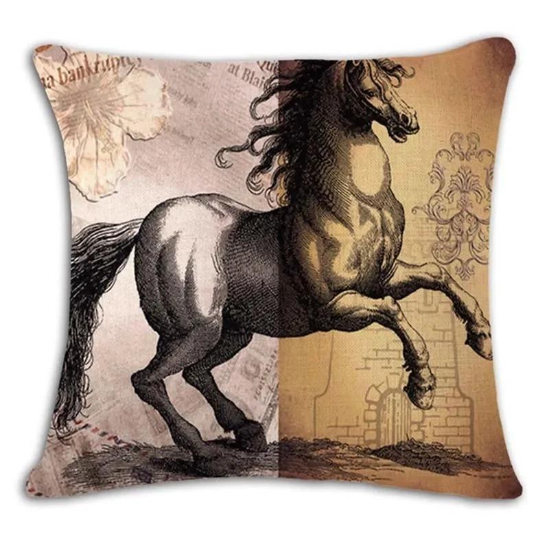18'' Square Horse Printed Cushion Cover Vintage  Linen Square Pillow Cover  Covers Customized Drop Shipping
