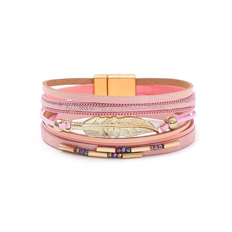 Bohemian Style Multi-layer PU Leather Bracelet Women's Leaf Magnet Buckle Jewelry Accessories