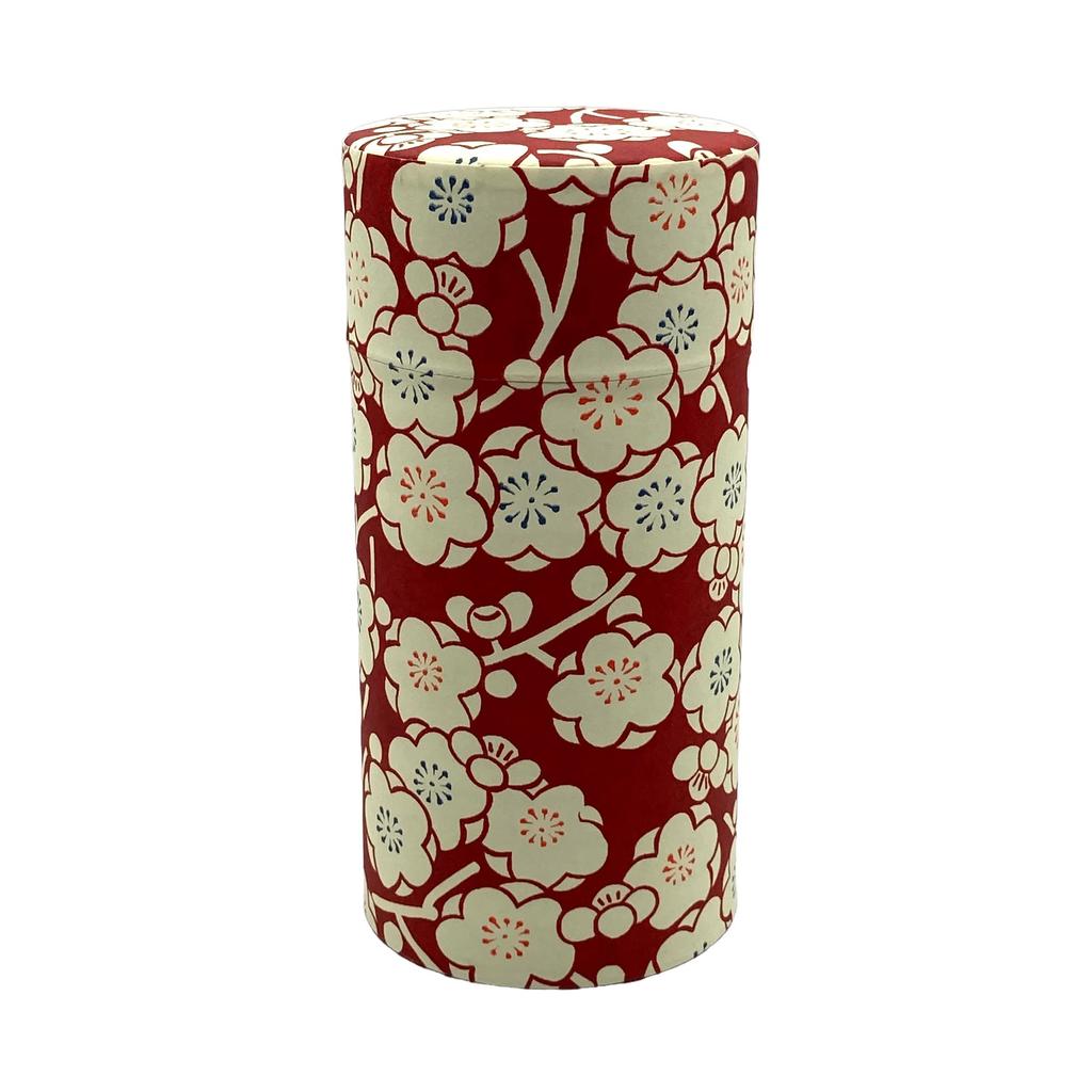 Noguchi Kumataro Tea Garden Tea Caddy, Large Capacity 200g, with Washi Paper and Inner Lid, Plum Romantic Design, Dark Red, Made in Japan, Stylish