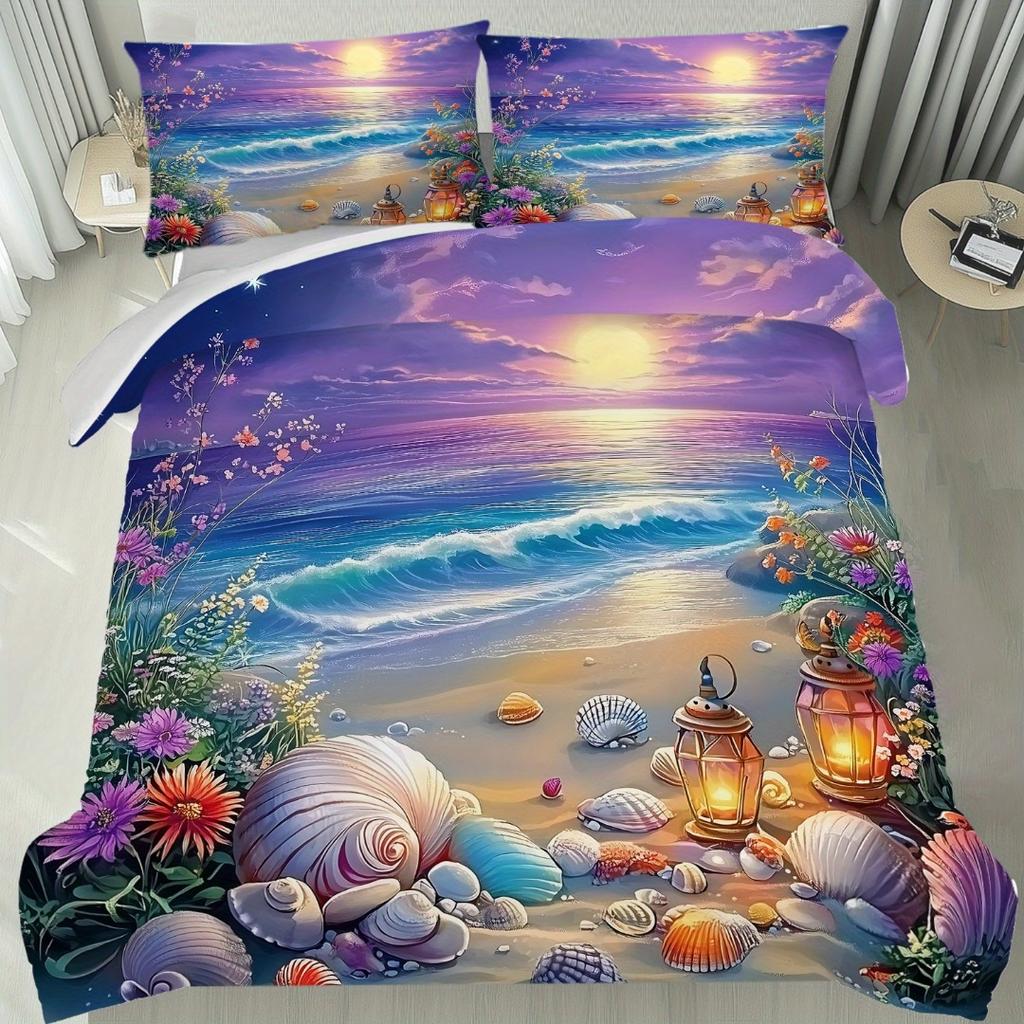 3pcs Purple Sky Seaside Beach Shell 3D Print Bedding Set Cozy Duvet Cover King Queen Twin Size Birthday Gift Bedroom Decoration