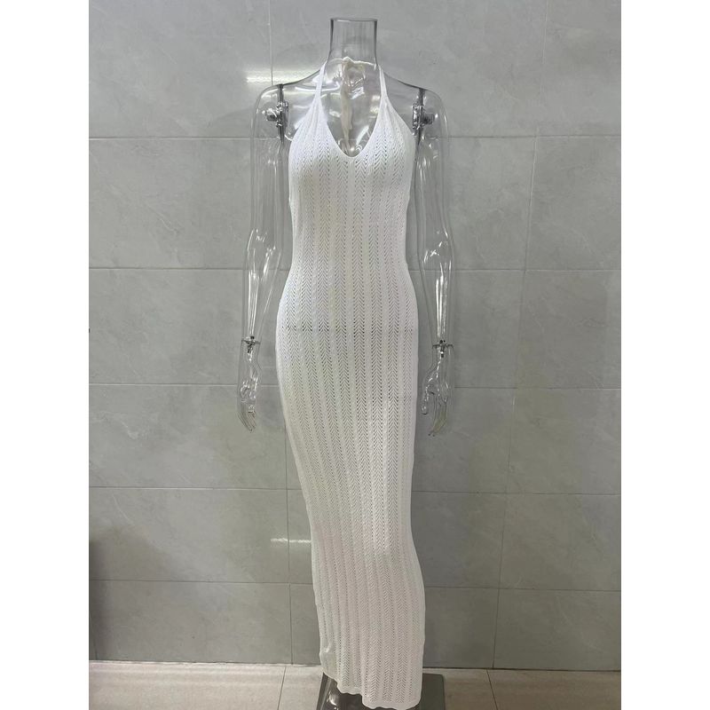 

Western Style Ins New Fashion Beach Sleeveless Hanging Neck Slimming Long dress Sexy Backless Hollow-out Perspective Dress White L