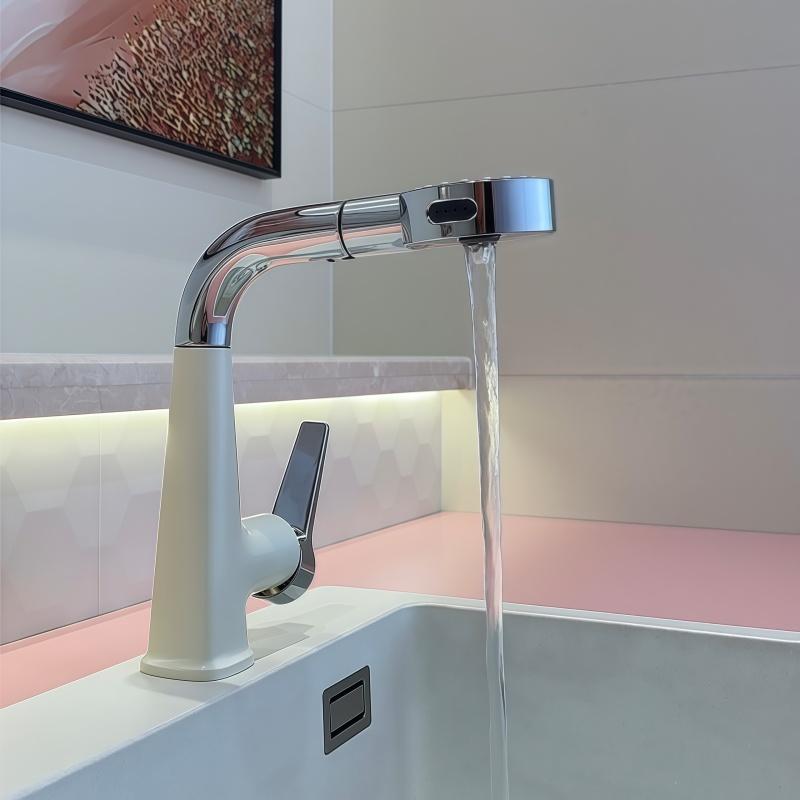 Pull-out Basin Faucet Hot and Cold Household Adjustable Rotating Bathroom Washbasin Faucet for Handwashing