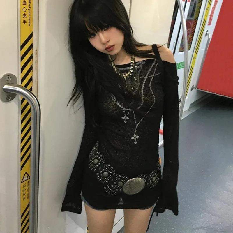 2KWEIRD Japanese Y2k Knitted Tops Grunge Tattoo Print Long Sleeve T-shirt Ribbed Vintage Harajuku Shirring Knitwear 2000s Gothic