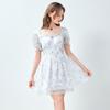 LED'IN Blue Floral Square Neck Puff Sleeve Princess Dress