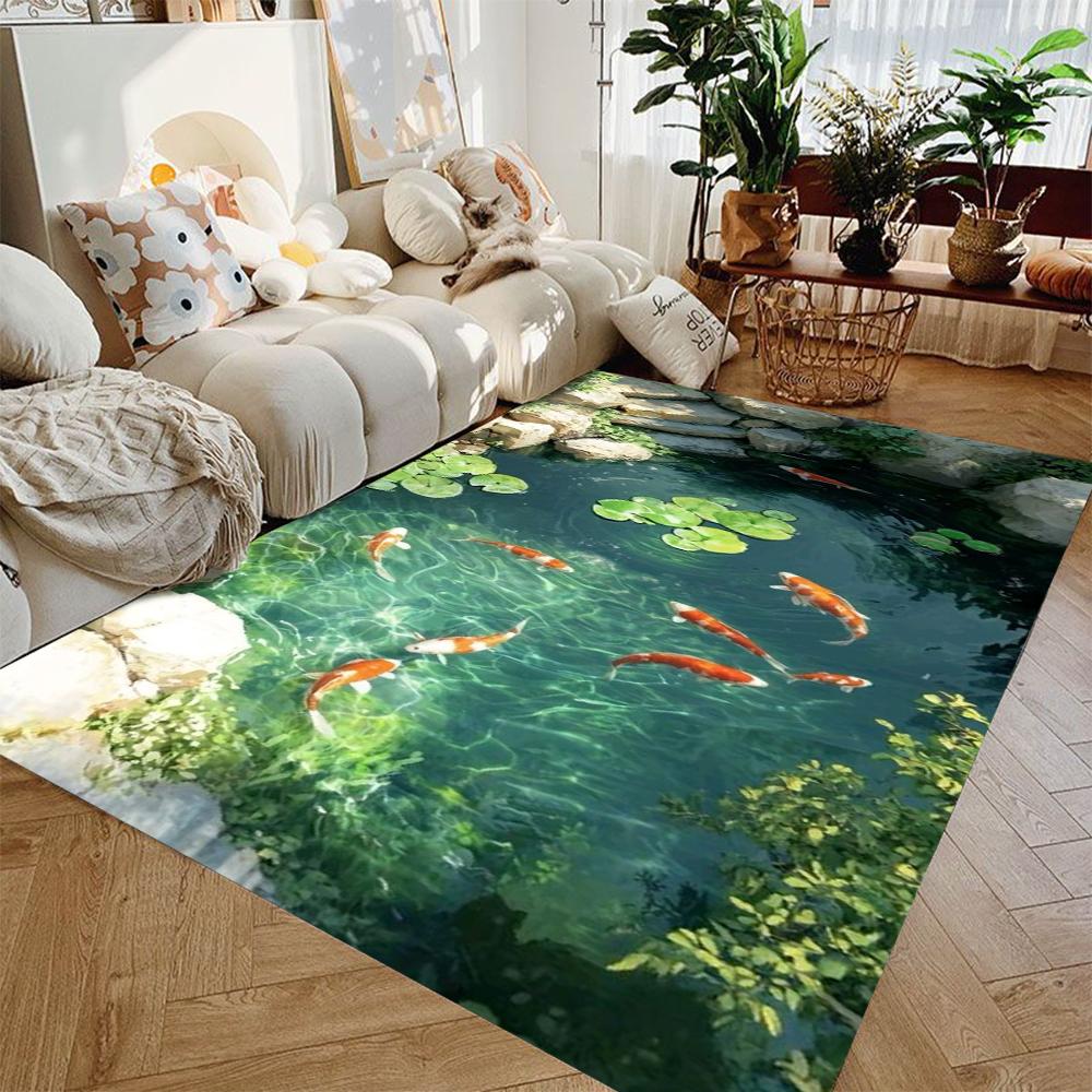 2D Koi Fish and Lotus Leaf Rock Design Carpet Suitable for Bedroom and Living Room Carpets Floor Mats for Children's Play Areas