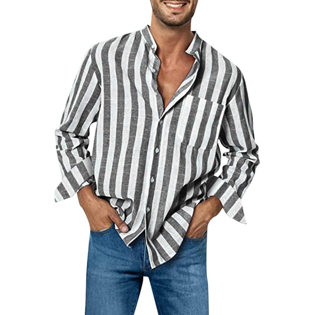 Men's Fashion Casual Pocket Striped Button Long Sleeve Top T Shirt Shirt
