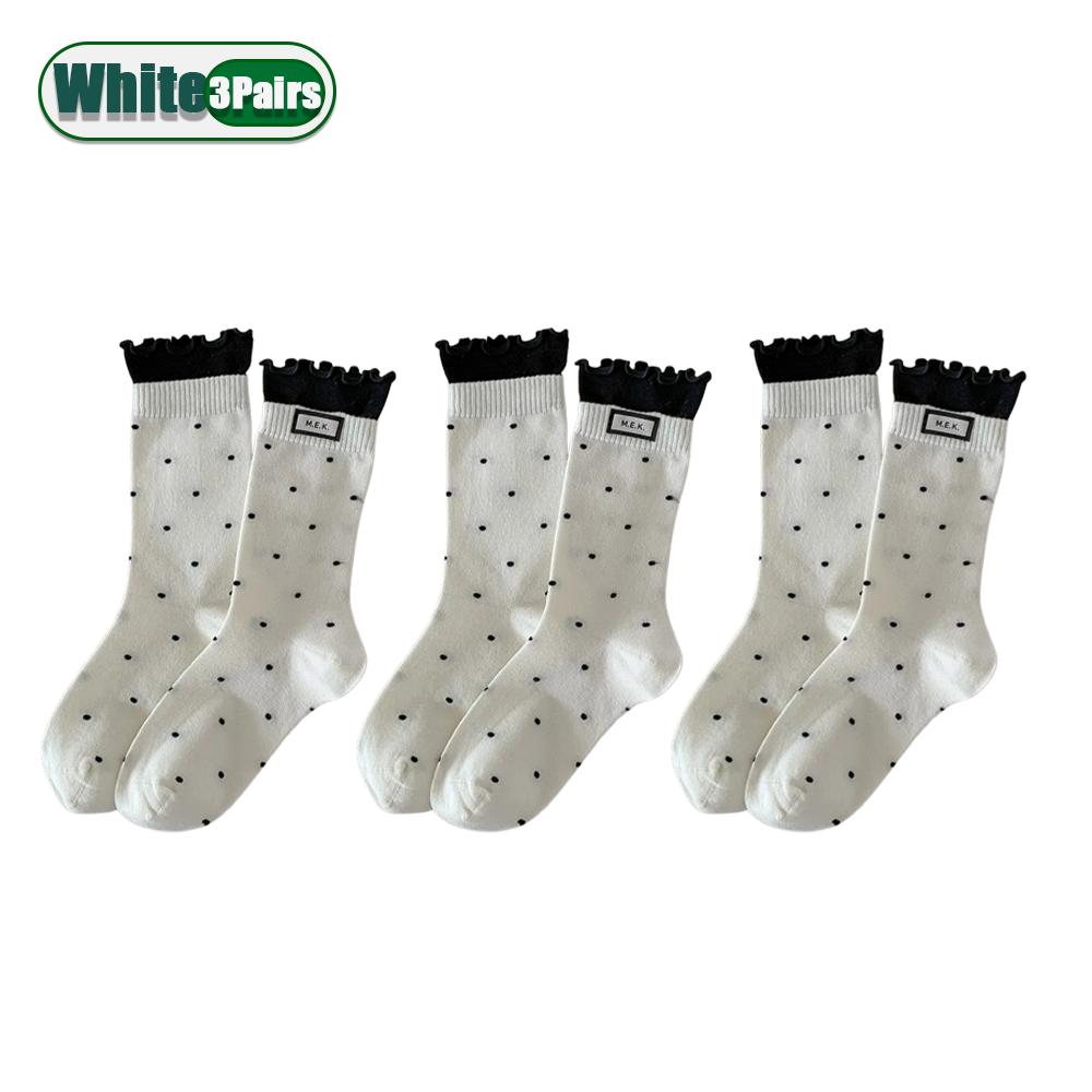 Women Cotton Long Socks Soft Breathable Cute Dots Frilly Edge Retro Preppy Style Comfortable Casual Fashion Socks For Everyday