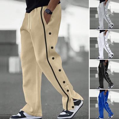 Men Casual Pants Loose Side Pockets Drawstring Elastic Waist Side Button Closure Plus Size Solid Color Gym Traning Beach Sweatpants Long Trousers